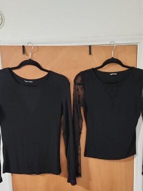 2 SHEIN Black Long Sleeve Tops with Sheer Lace Sleeve Accent Size Medium